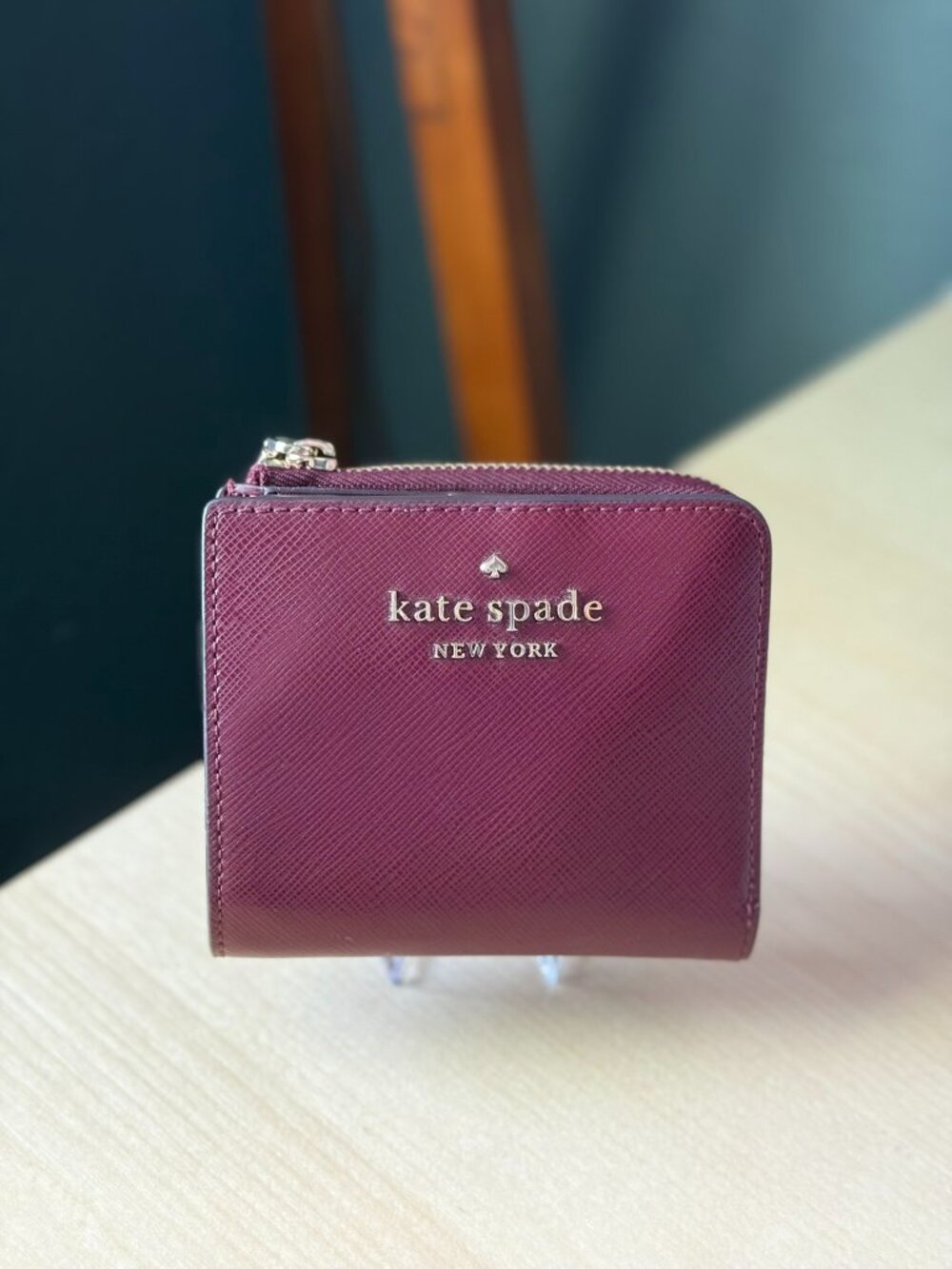 Kate Spade New York Small L-Zip Wallet Burgundy Saffiano Leather Gold